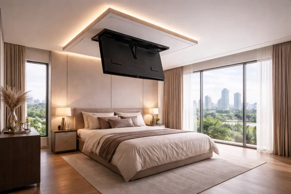 Space saving vertical Murphy bed open in a Faridabad apartment bedroom