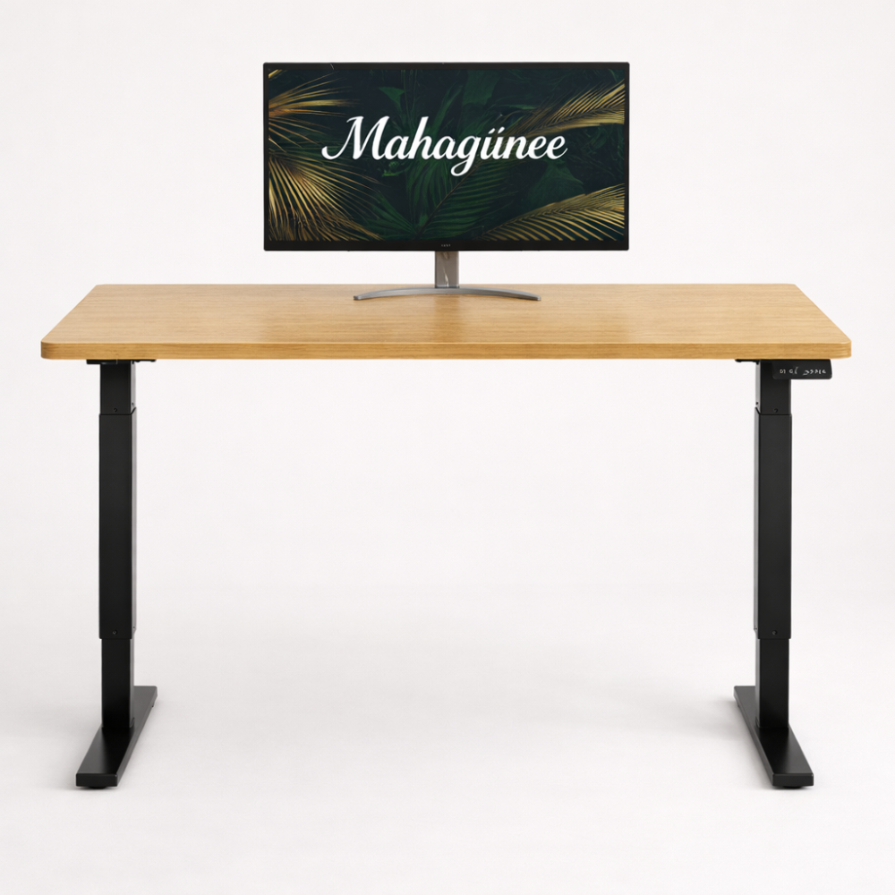 Adjustable height office desk with wooden top and black frame ergonomic workspace design