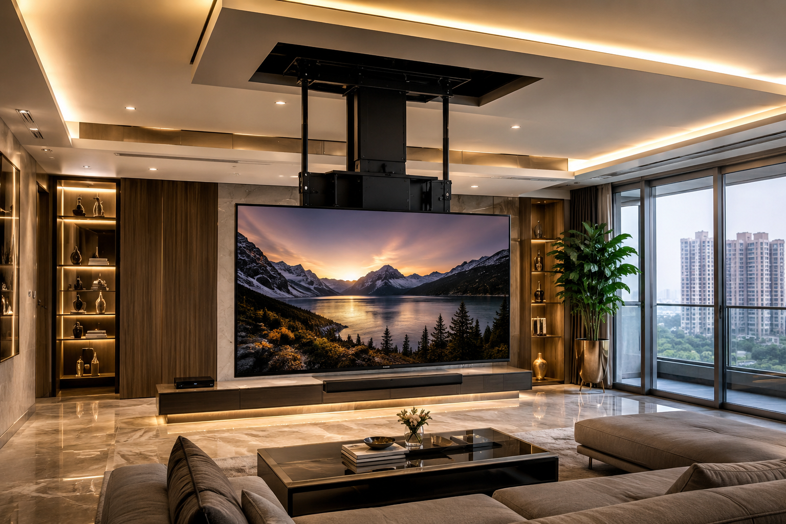Motorized ceiling mount TV bracket installed in Delhi NCR living room