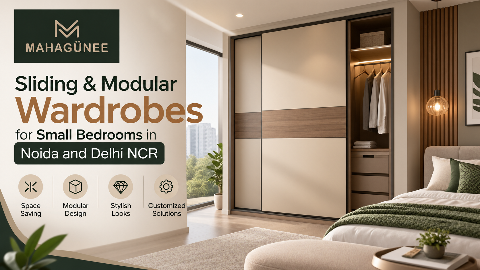 Sliding wardrobe design for a small bedroom in Noida by Mahagunee A floor-to-ceiling sliding wardrobe helps a compact Noida bedroom feel visually larger